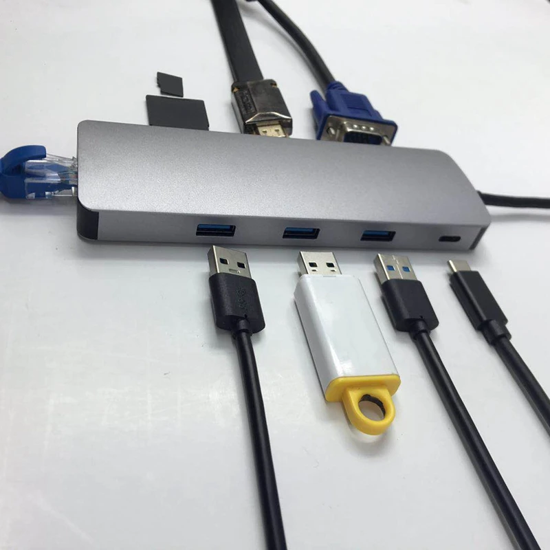 Type C в концентратор + Hdmi Vga Rj45 (зарядка данные) Sd/Tf одновременное считывание карт 3