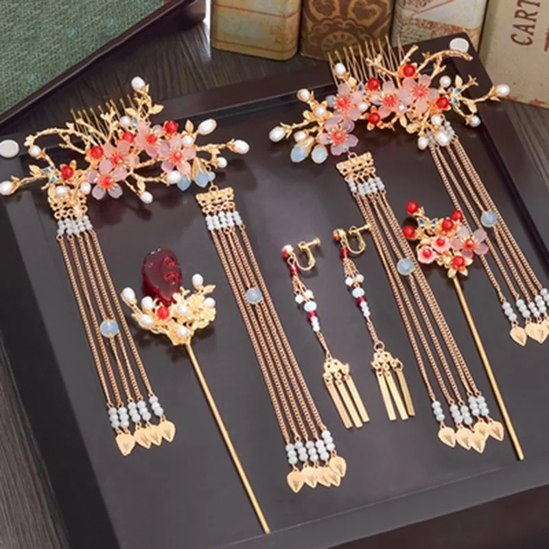 B jewelry set Древняя традиционная китайская заколка для волос, заколка для волос, свадебные аксессуары для волос, китайский свадебный головной убор, украшение для головы невесты - Окраска металла: B jewelry set