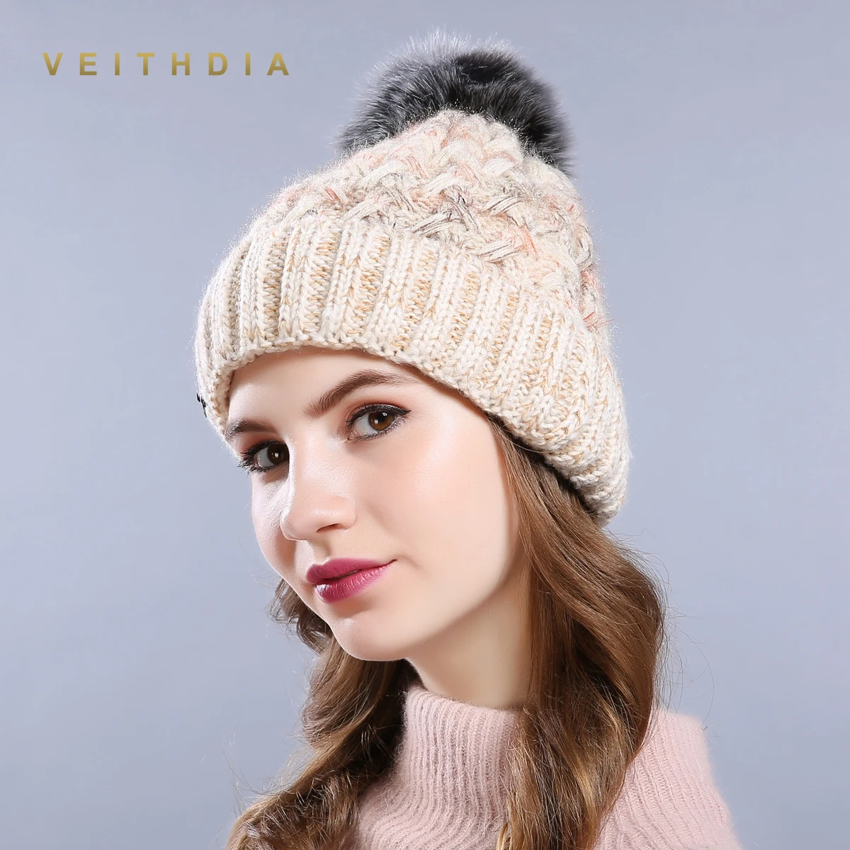 VEITHDIA женская зимняя шапка бини из искусственного меха для шапки вязаная Skully