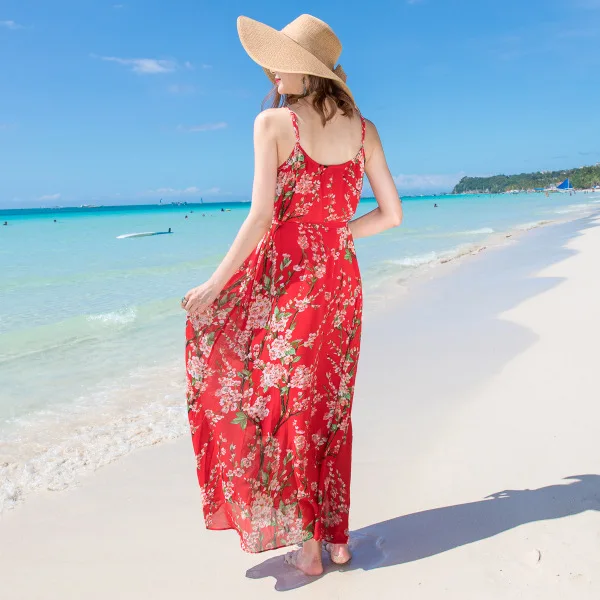 BOHO женские летние платья Пляжные шифон Красный Цветочный принт для пикантные