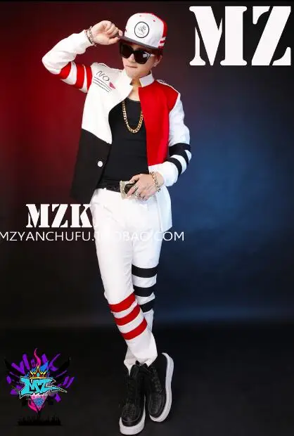 

Mens Suits Set Bar nightclub Bar nightclub DJ male singer trend red white black small stand collar suit costume