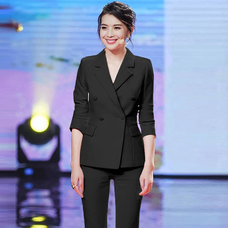 2019 Spring Autumn Women Slim Suit Pants Set Office Lady Elegant Solid Double Breasted Work Blazer + Ankle Length Pant Y252 | Женская