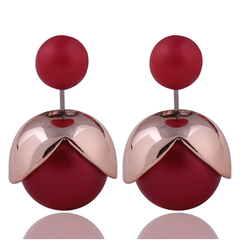 2022 New Classic Matt Petal Double Sides Big Pearl Stud Earrings Unique Design Double Balls Beads Earrings For Women Brincos