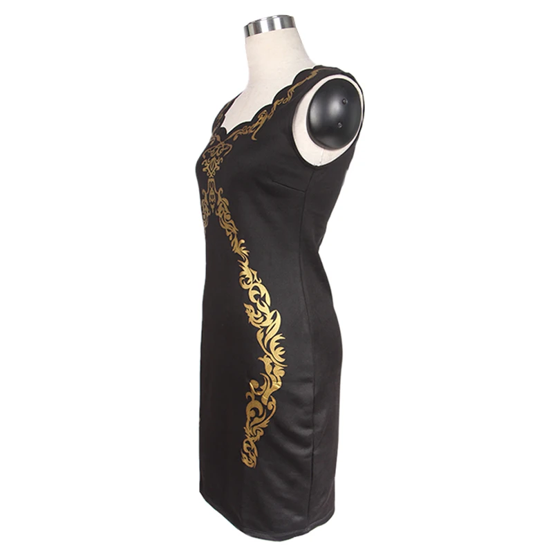 Square Collar Black Mini Dress With Gold Flowers Fashion Sleeveless Club Style Summer Clothes Vestido Sexy Party Dresses | Женская