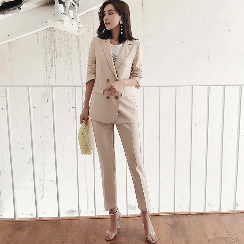 Elegant Double Breasted Women Pant Suit Slim Blazer &amp Elastic Waist Pencil OL Style 2 Pieces Set 2018 Autumn | Женская одежда