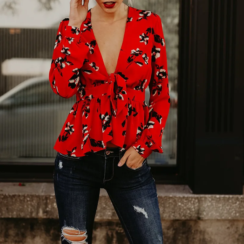 women blouse fashion sexy deep v-neck flower printed female ladies clothing womens top shirt |