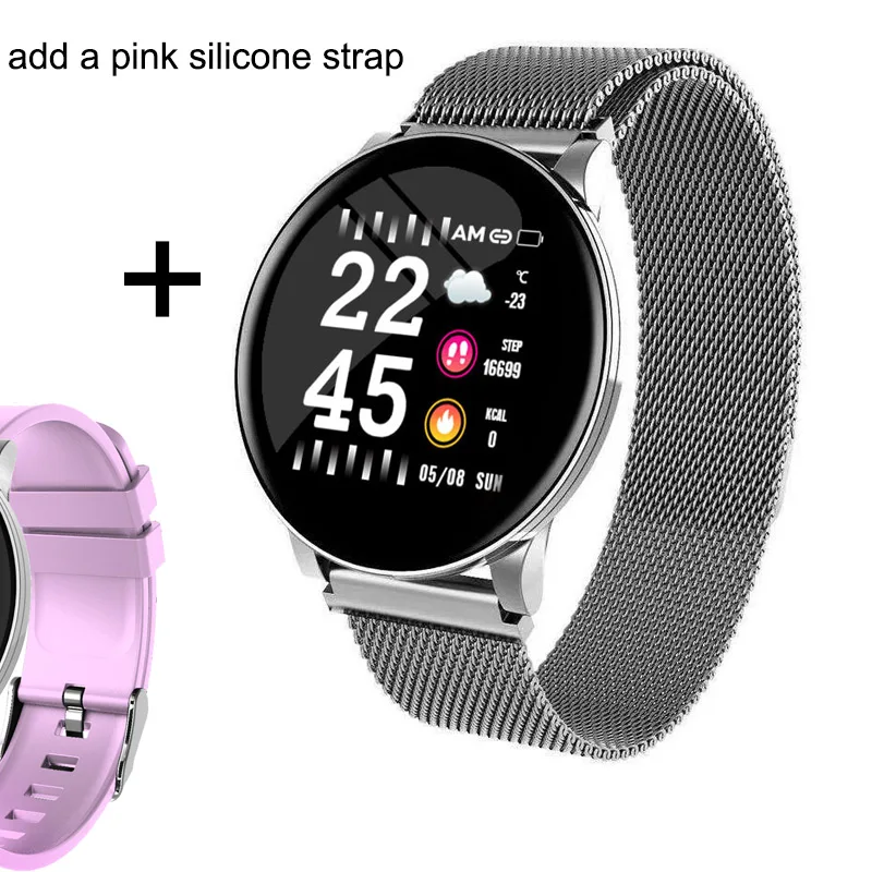 W8 Add pink silican Умные часы для мужчин и женщин с сенсорным экраном, кровяное давление, сердечный ритм, женские водонепроницаемые часы, спортивные часы для Android IOS Xiaomi - Цвет: W8 Add pink silican