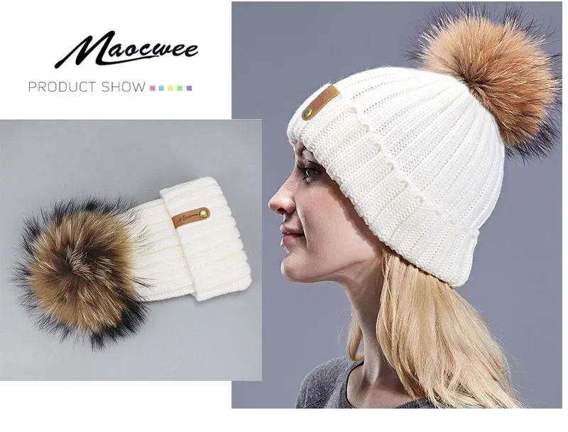 Wholesale Mink And Fox Fur Ball Cap Pom Poms Winter Hat For Women Girl 'S Hat Knitted Beanies Cap New Thick Female Skullies