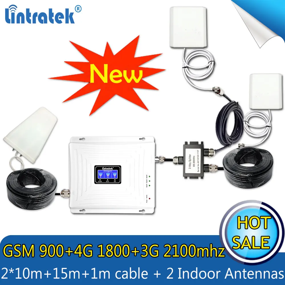 Трехдиапазонный ретранслятор Lintratek с 2 антеннами 2G 3G 4G 900 1800 2100 МГц|Усилители