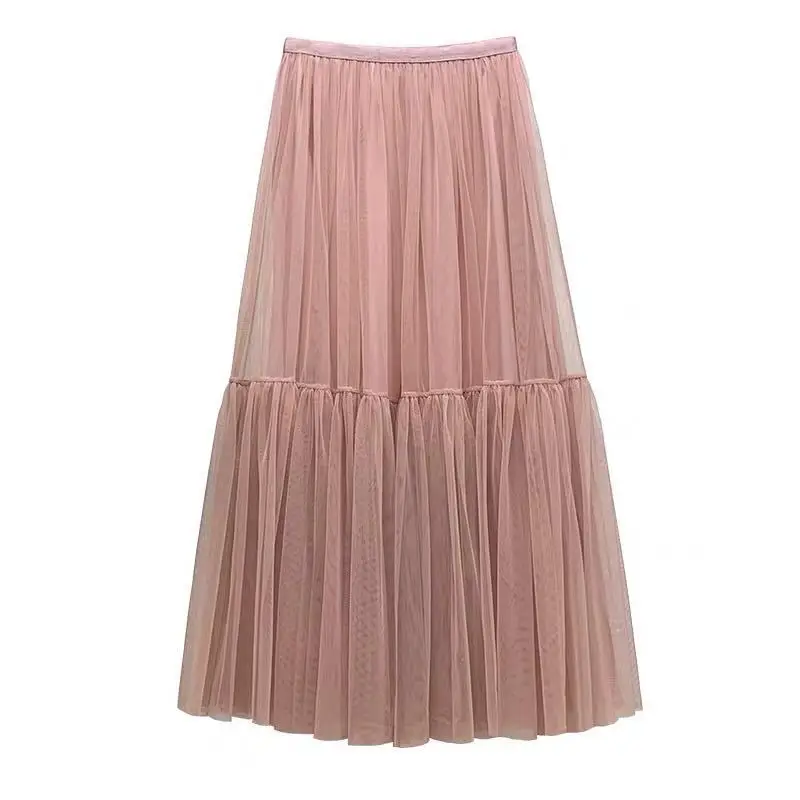 

2020 Summer New Arrival Korean Style Sweet Ankle-Length Pleated Skirt Patchwork Mesh Skirt 4 Colors Available Free Shipping