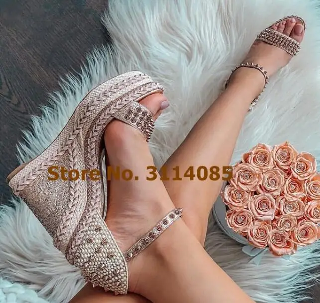 as picture Women High End Braided Wedge Heels Rivets Sandals Exquisite Platform Strap Pumps Super Hot Gladiator Studded Plaited Dress Shoes - Цвет: as picture