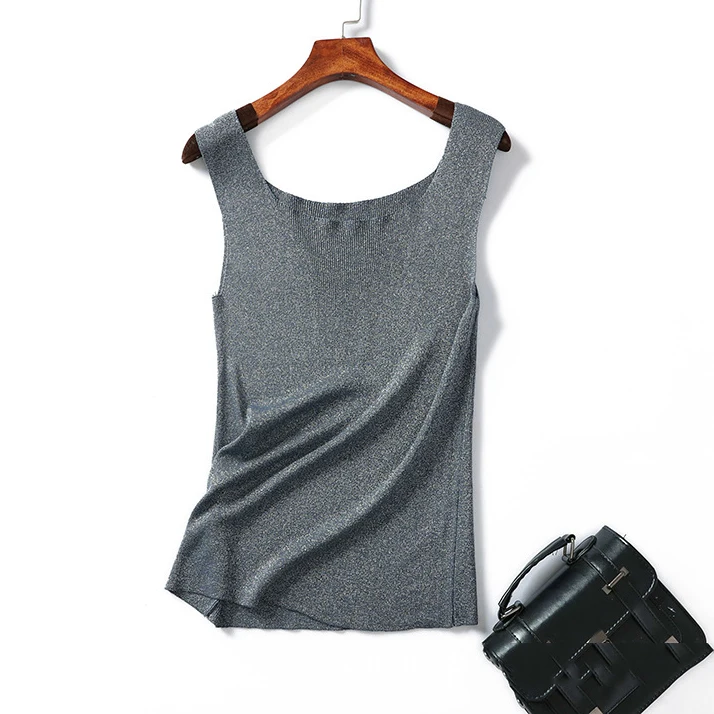 

New Hot Sweater Tanks Top Sexy Knitted Tank Women Shiny Lurex Sweater Summer Pullover U-neck Strap Tank Tops Sleeveless Pullover