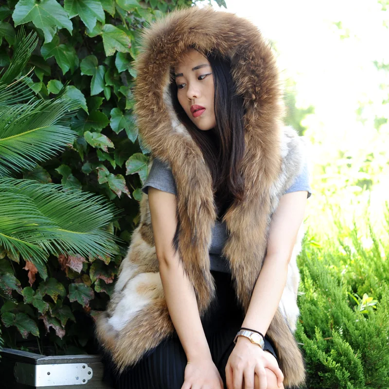 _ 100% жилет из натурального кроличьего меха вязаный с капюшоном|fur vest|vest knittedveste gilet |