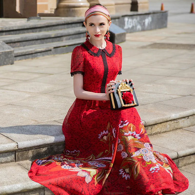 Длинное летнее платье 2018 Для женщин отложным воротником-линия красный цветочный