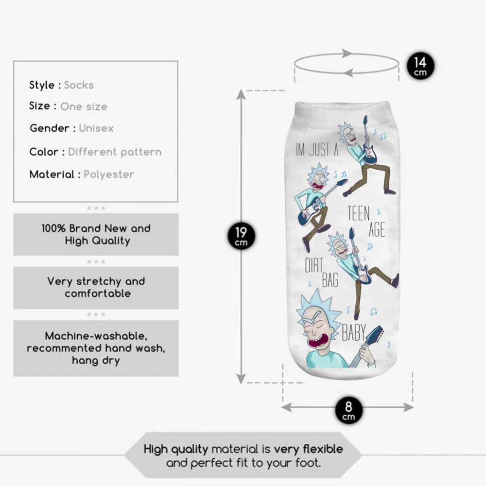 

1Pair 3D Socks 19x8CM Rock Man Printed Short Socks Spring Summer Low Ankle Socks Unisex Cotton blend polyster Sock