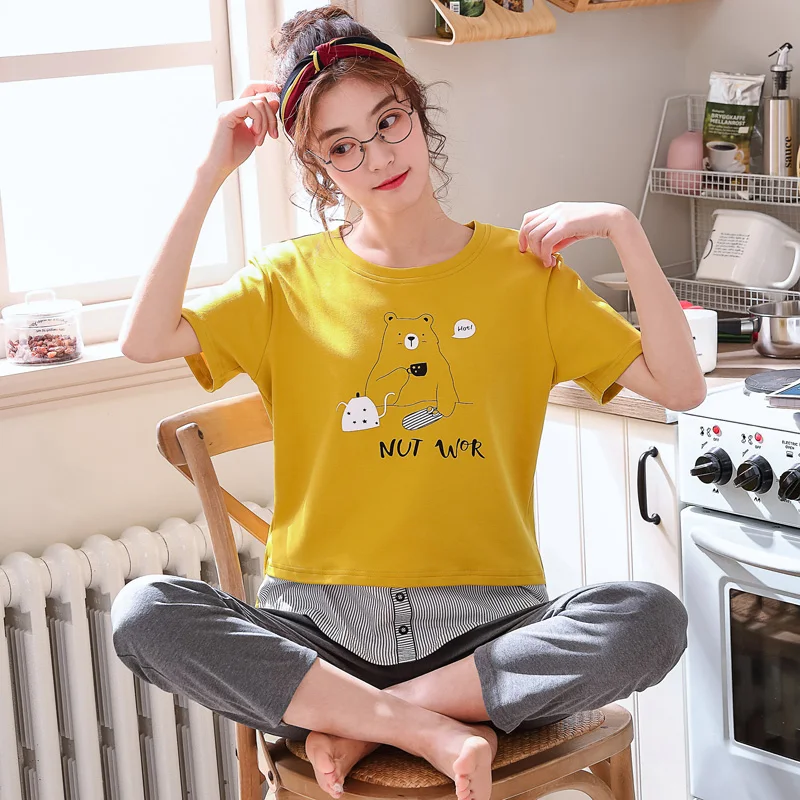 

Summer 2 Pieces Set Couple Pajamas Short Shirts+Long Pants Pyjamas 100%Cotton Cartoon Plus Size M-3XL Lovers Homewear Clothing