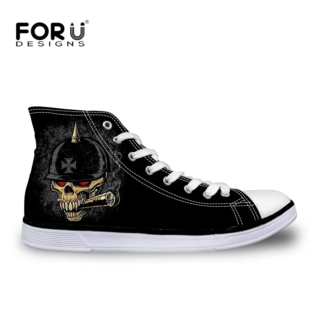 FORUDESIGNS/Черная мужская обувь парусиновая с высоким берцем и принтом черепа для