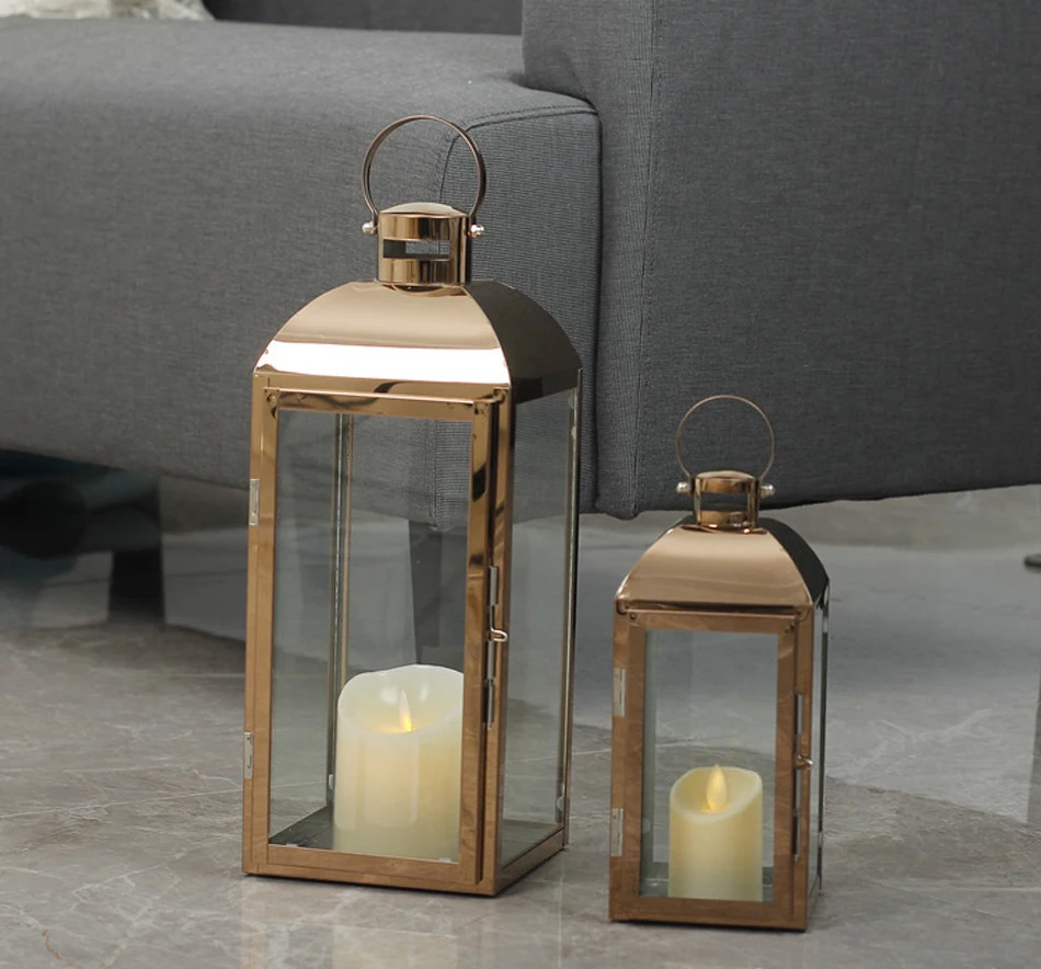 Nordic Lantern Candle Holder Rose Gold Stainless steel Candlestick Glass wind lamp candle holder Home Party Decoration Gift