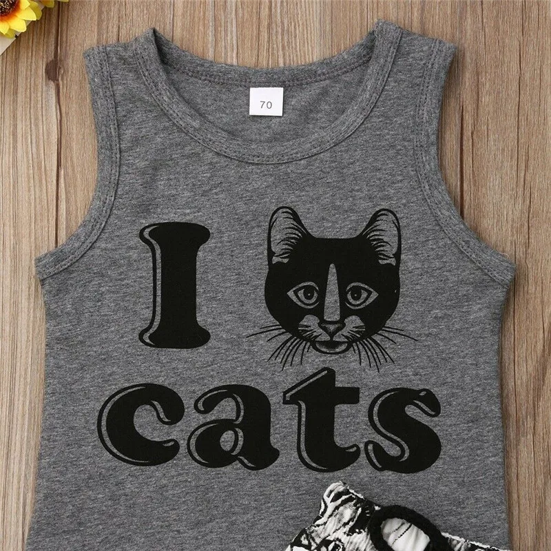 Newborn Baby Boys Outfits Cat Print Tank Tops Sleeveless Shirt Shorts Pants Set Clothes Kids Clothing Sets |