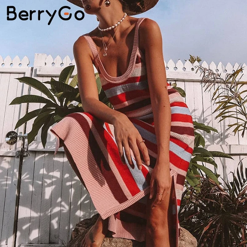 BerryGo женское трикотажное платье в радужную полоску повседневные женские миди
