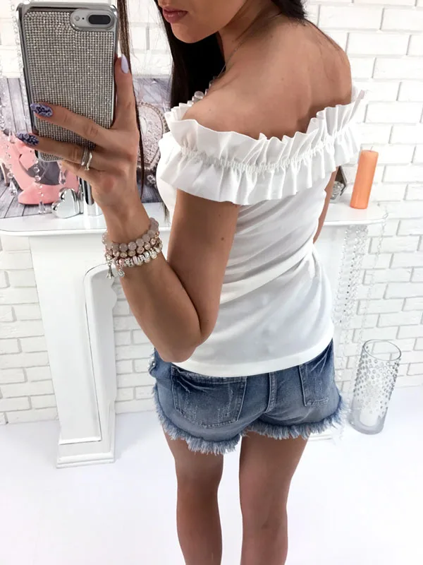 Волан Топы Лето Женщин Футболки Рюшами Slash Шеи С Коротким Рукавом Camisetas Сплошной