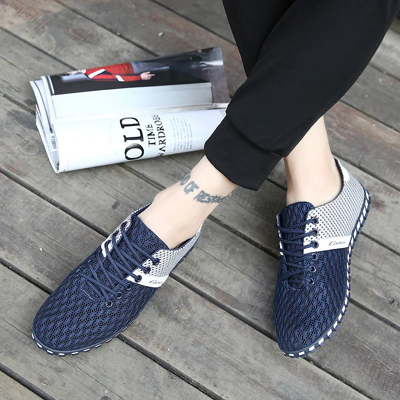 2019 Summer Men Casual Shoes Breathable Mesh Lightweight Comfortable Lace Up Tenis Walking Man Zapatos Blue 47 | Обувь