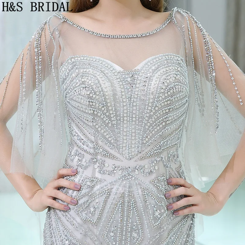 Женское вечернее платье Русалка H & S серебристое Прозрачное из тюля с глубокой