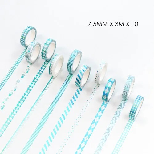 Mint Plaid 10 шт. блестящая изоляционная лента Набор 7,5 мм Мини Кружева украшения синяя волна плед розовый цветок васи наклейки с лентами канцелярский подарок FJ194 - Цвет: Mint Plaid