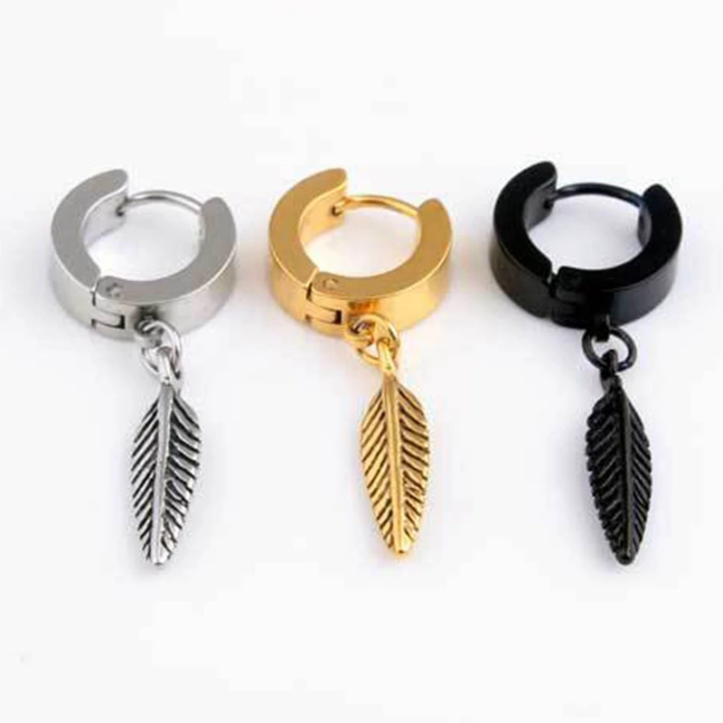 1 Pair Of Feather Pendant Titanium Steel Male Earrings Punk Earrings Fashion Personality Women's Men's Ornament Decoration