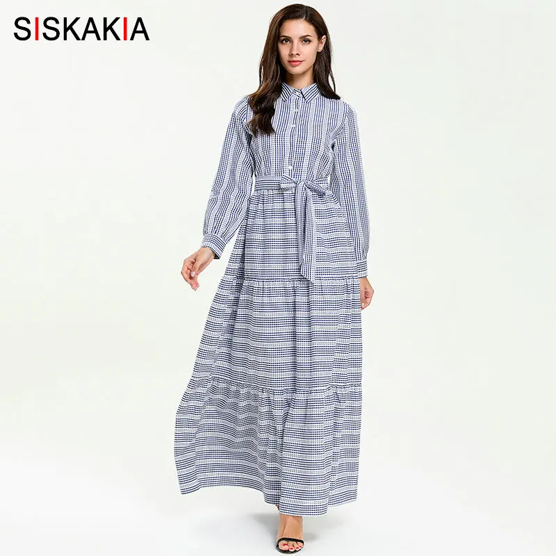 Siskakia платье-рубашка, длинное винтажное клетчатое лоскутное платье макси, офисное женское платье с отворотом и длинным рукавом, однобортная одежда для кормления, новинка