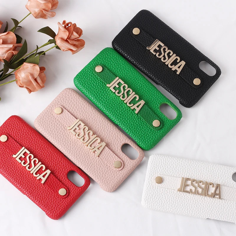 

Holding Strap Metal Personalization Your Name Pebble Grain Leather Phone Case For iPhone 12 11 Pro XS Max XR 7 7Plus 8 8Plus X