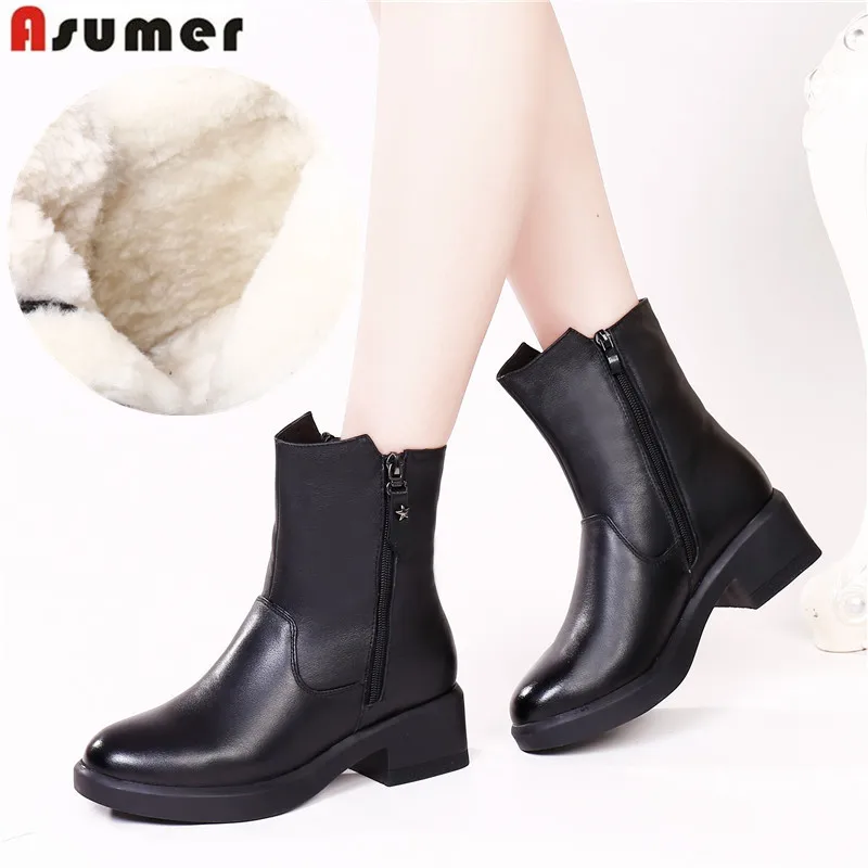 

ASUMER 2021 new winter genuine leather boots zip ladies keep warm ankle boots square heels Plush Wool inside women snow boots