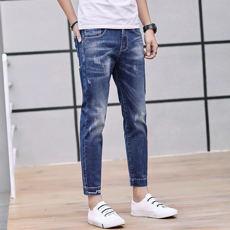

Hot Sale 2018 New Fashion Design Teenage Love Blue Scratched Jeans Ankle-Length Male Slim Fit Denim Pencil Pants 27-36 #905