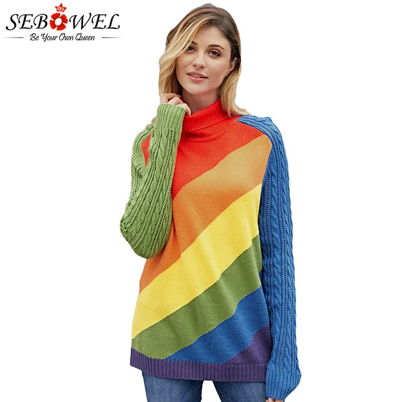 

SEBOWEL Long Sleeve Knitted Rainbow Striped Pullovers Sweater Woman Autumn Winter Contrast Color Patchwork Turtleneck Sweater