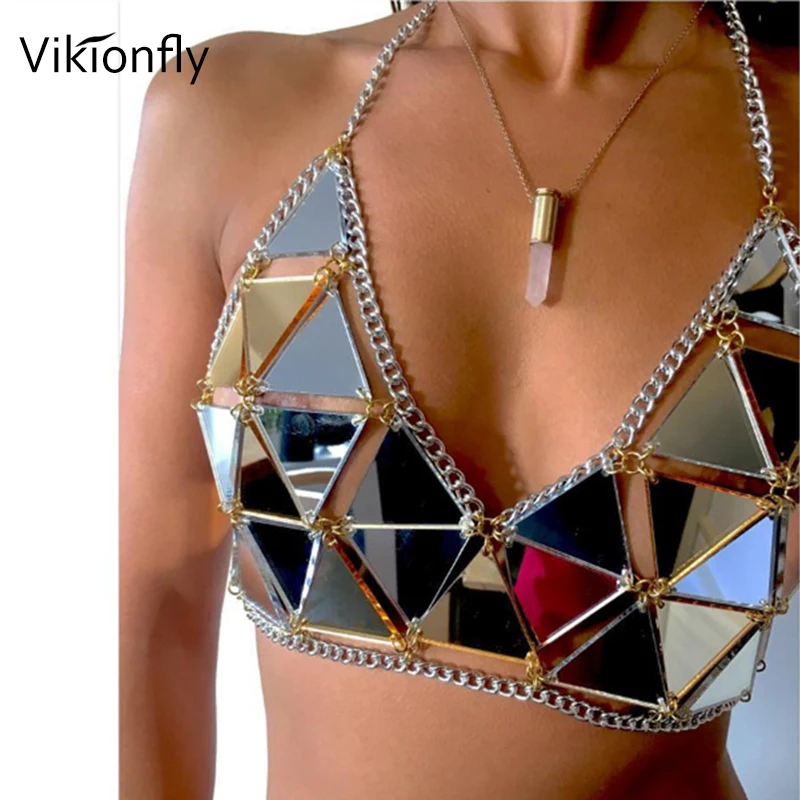 Бикини Vikionfly с блестками Женский светоотражающий топ лямкой через шею купальник