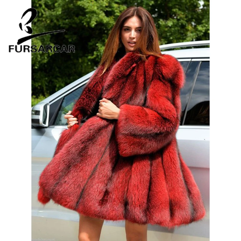 FURSARCAR 2021 Luxury Natural Real Fox Fur Women Coat Long Turn-Down Collar Winter Coat Female New Red Plus Size Fur Jacket