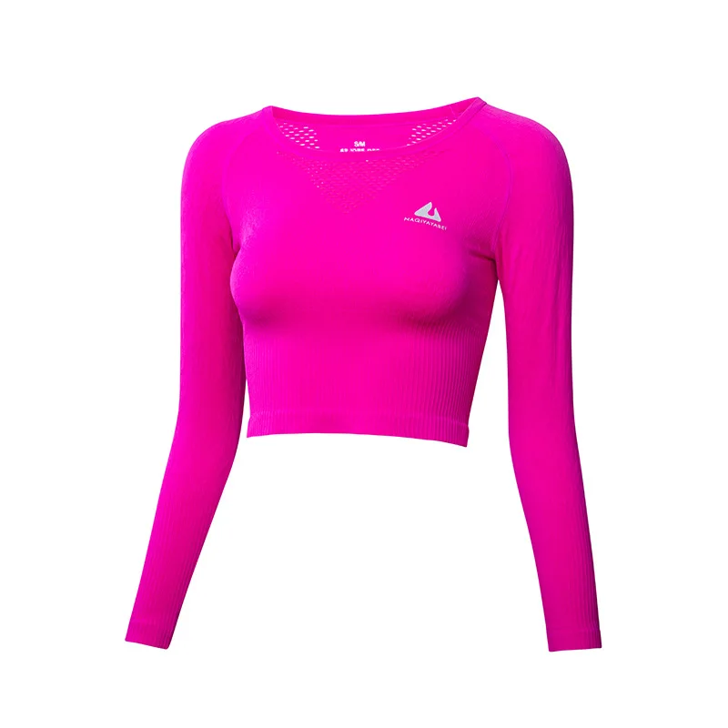 Rose Red BESGO полый спортивный укороченный топ Женская рубашка для йоги Топ Тонкий спортивный топ для тренировки Фитнес рубашка быстросохнущая женская рубашка для бега с длинным рукавом - Цвет: Rose Red