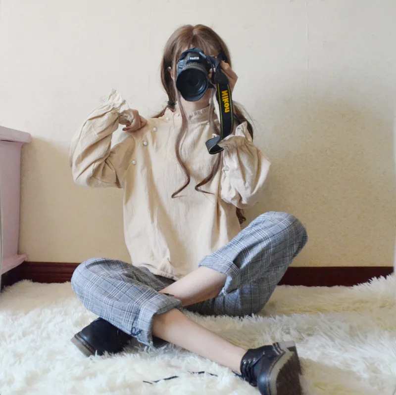 Женские свободные брюки Ulzzang винтажные повседневные в клетку японском стиле