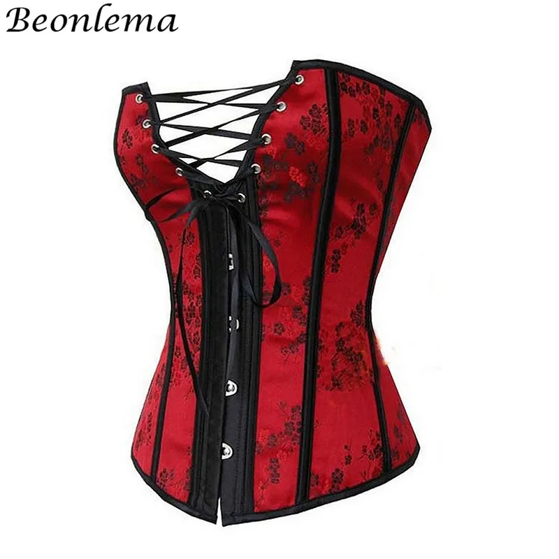 

BEONLEMA Red Steel Boned Bustier Corset Plus Size XXXXXXL Floral Lace Up Korsett for Women Steampunk Espartilhos E Corpetes Sexy