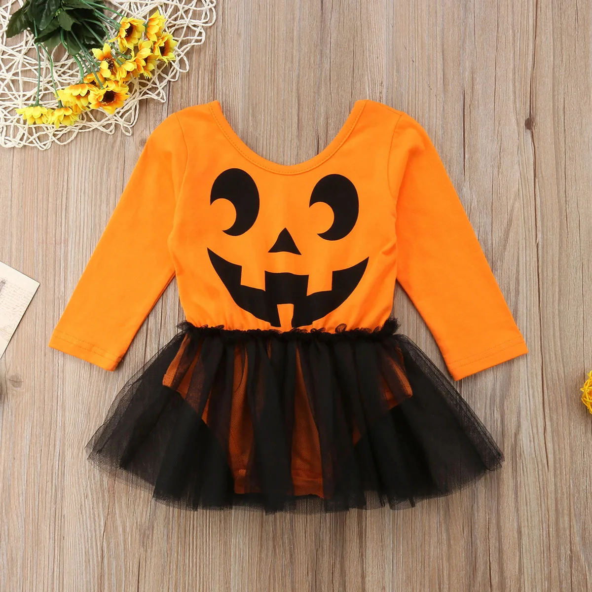 Детское цельнокроеное платье-комбинезон с длинными рукавами и принтом тыквы для