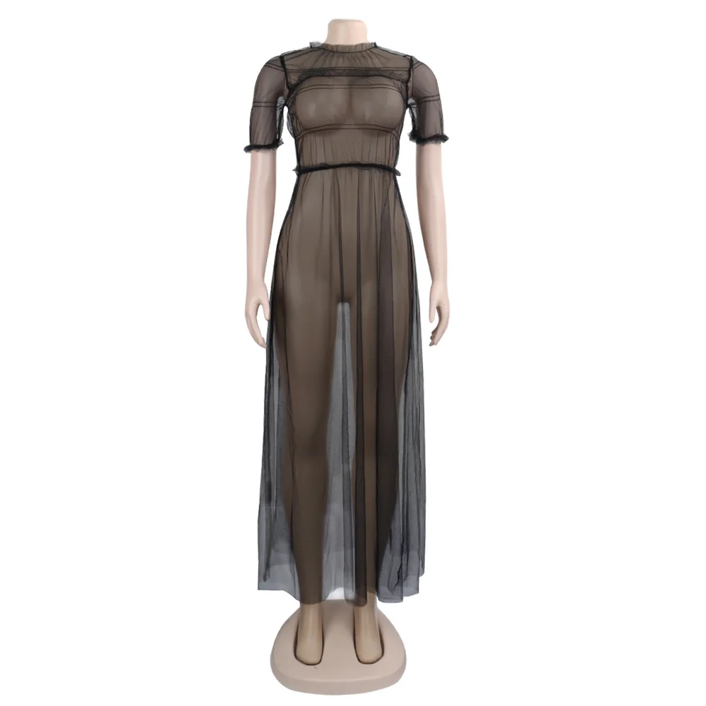 

OMILKA Neon Green Mesh Beach Dress 2019 Summer Women Short Sleeve O Neck Black See Through Night Club Long Maxi Mesh Dress