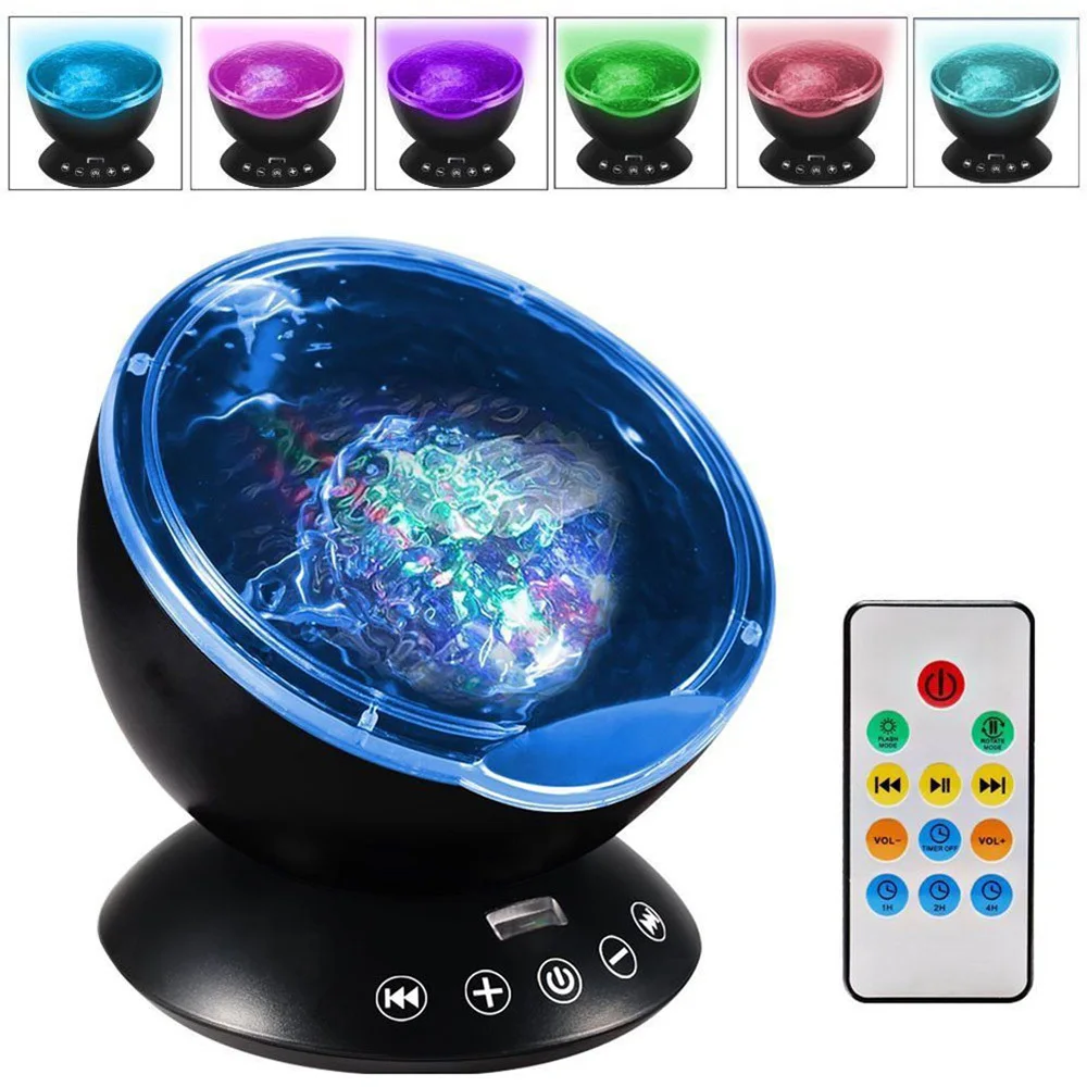 

12 LED 7 Colors Remote Control Ocean Wave Projector Led Night Light with Built-in Mini Music Player for Living Room and Bedroom