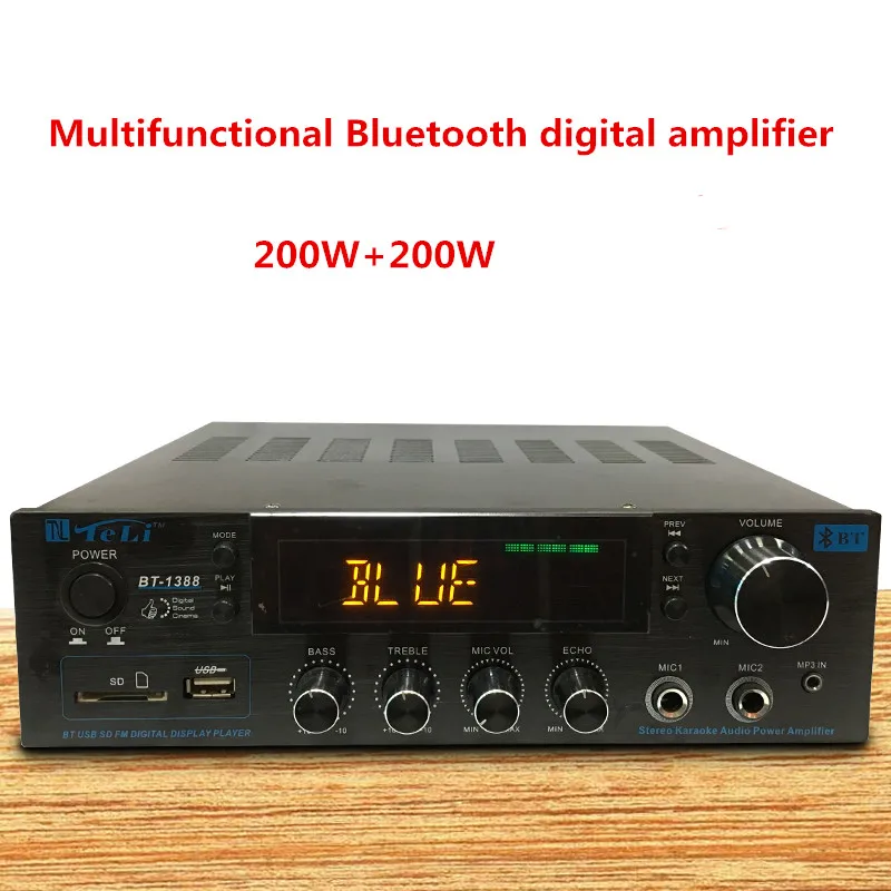 BT-1388 200 Вт+ 200 Вт HIFI караоке домашний кинотеатр стерео аудио усилитель Поддержка Bluetooth. Двойной микрофон. USB. Sd-карта