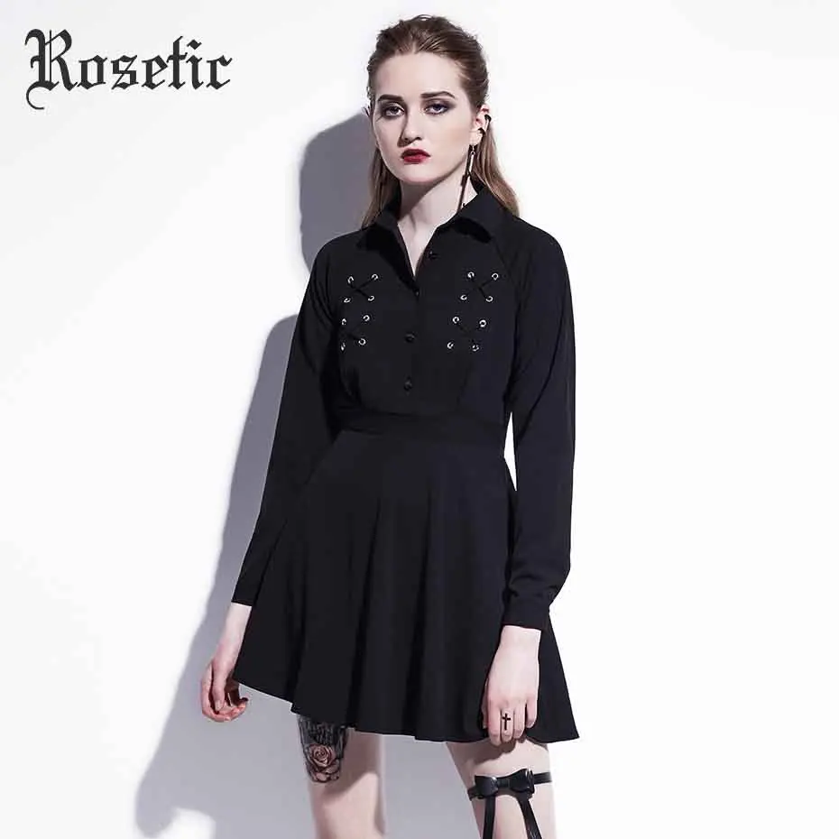 

Rosetic Gothic Mini Dress Black Lace-Up Women Autumn Casual Dress A-Line Button Lapel Fashion High Street Preppy Sexy Goth Dress