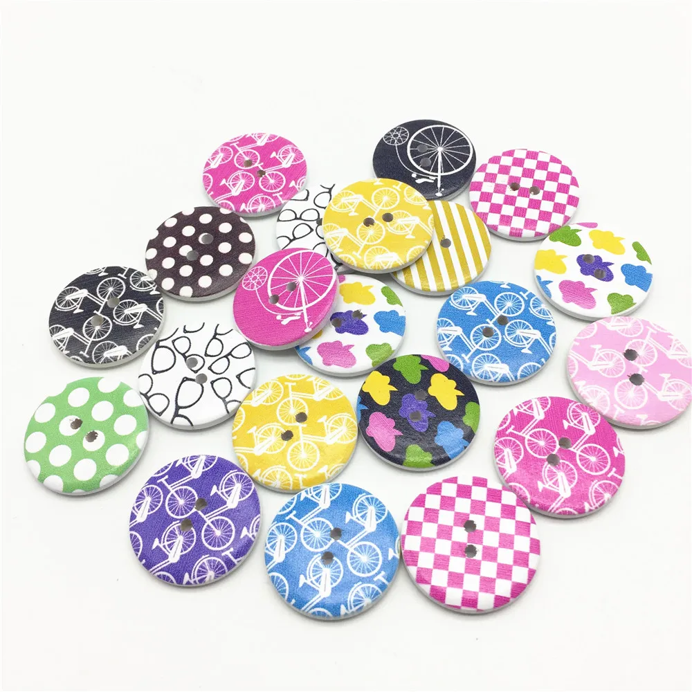 

40pcs 30mm 3CM Large Wooden Bikes Buttons Mixed 2 Holes Round Painted Sports Patterns Sewing Button Embellishments DIY Crafts