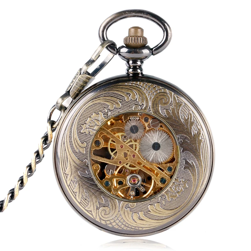

Vinatge Bronze Hollow Flower Case Blue Roman Number Skeleton Dial Hand-wind Mechanical Fob Pocket Watches With Chain
