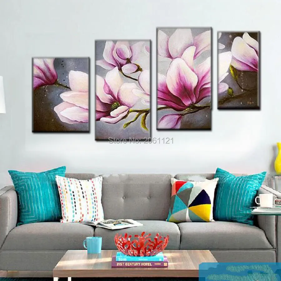 

Hand Painted Flower Oil Painting On Canvas Modern Painting peach flowers Art Home Decoration 4pcs/set Free Shipping