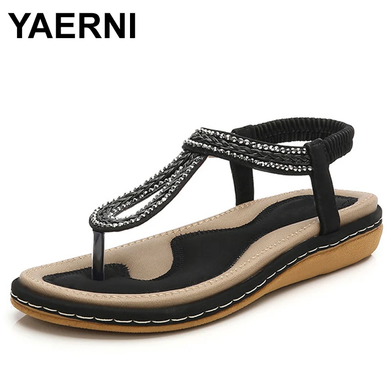 

YAERNI Summer Women Flat Gladiator Sandals Shoes Woman Bohemia Flip Flop Crystal Weave 2018 Casual Beach Sandals 35-44