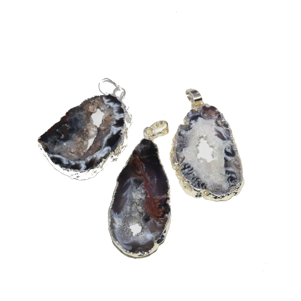 Покрытый серебром Натуральный geode druzy ожерелья кулон с аметистами полированный серый черный необработанный druzy Кварц кусочек точка кулон