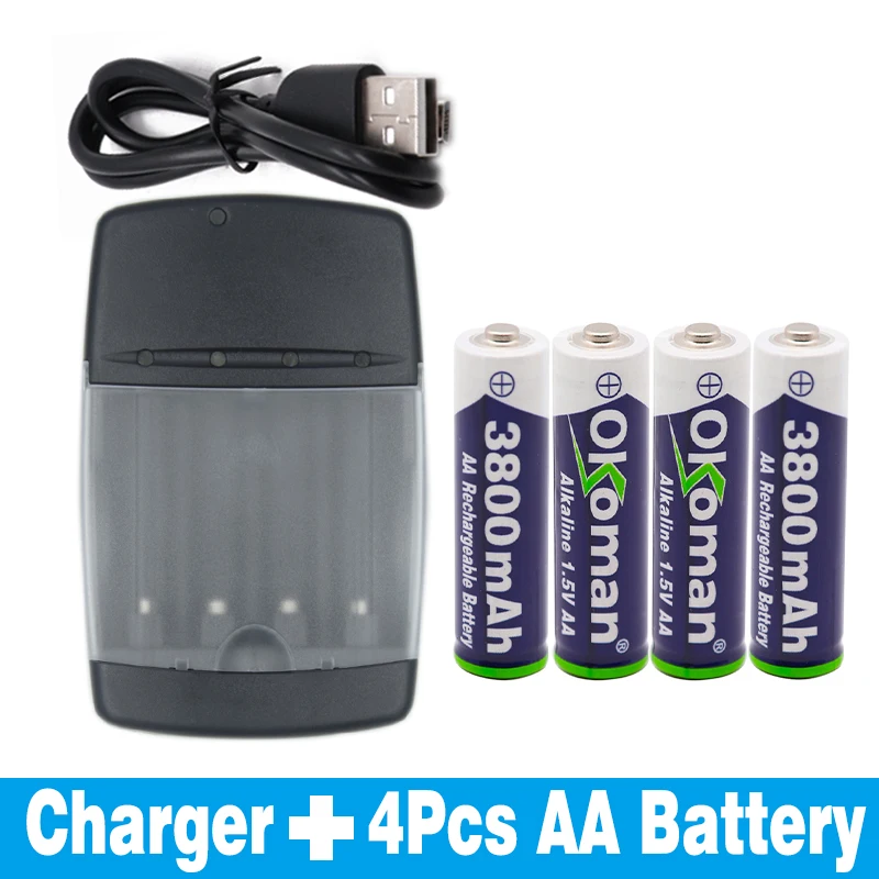Черный AA 3800mah 1,5 V Щелочная перезаряжаемая батарея для Светодиодный светильник, электрический игрушечный аккумулятор и четырехслотовое щелочное зарядное устройство - Цвет: Черный